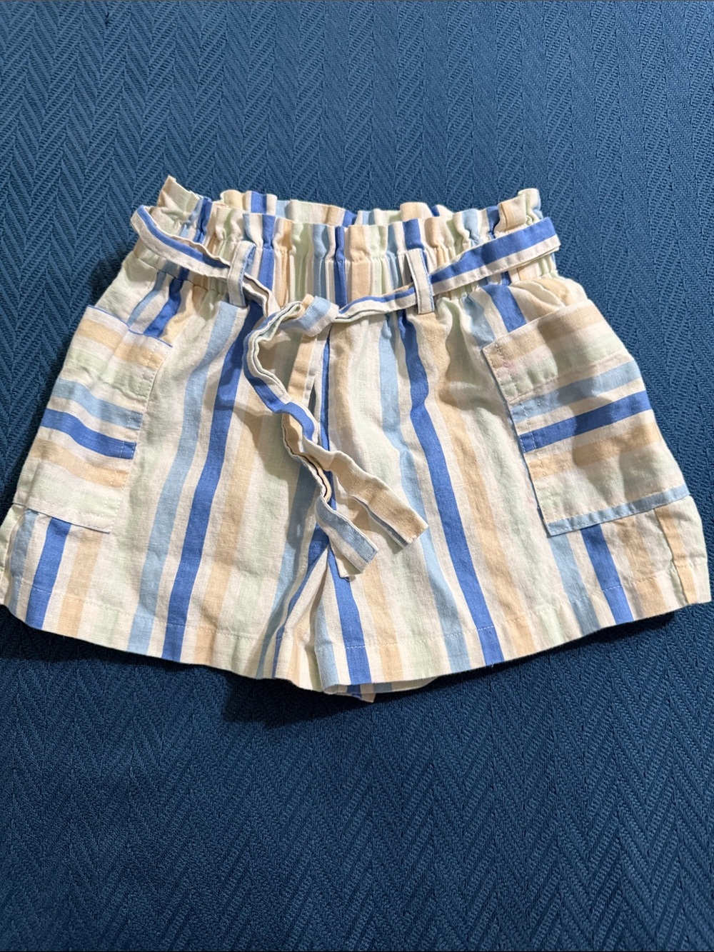 Forever 21 Striped Paperbag Waist Shorts - Blue & Cream